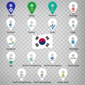 Seventeen flags the Provinces of South Korea - alphabetical order with name. Set of 2d geolocation signs like flags Provinces of